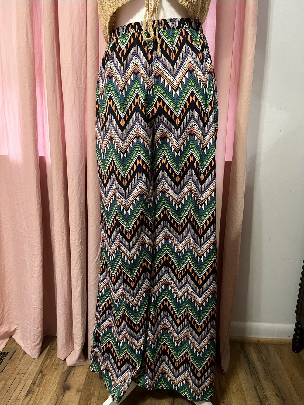 hello miss Boho Geometric Wide Leg Pants with Peach, Mint & Purple Accents